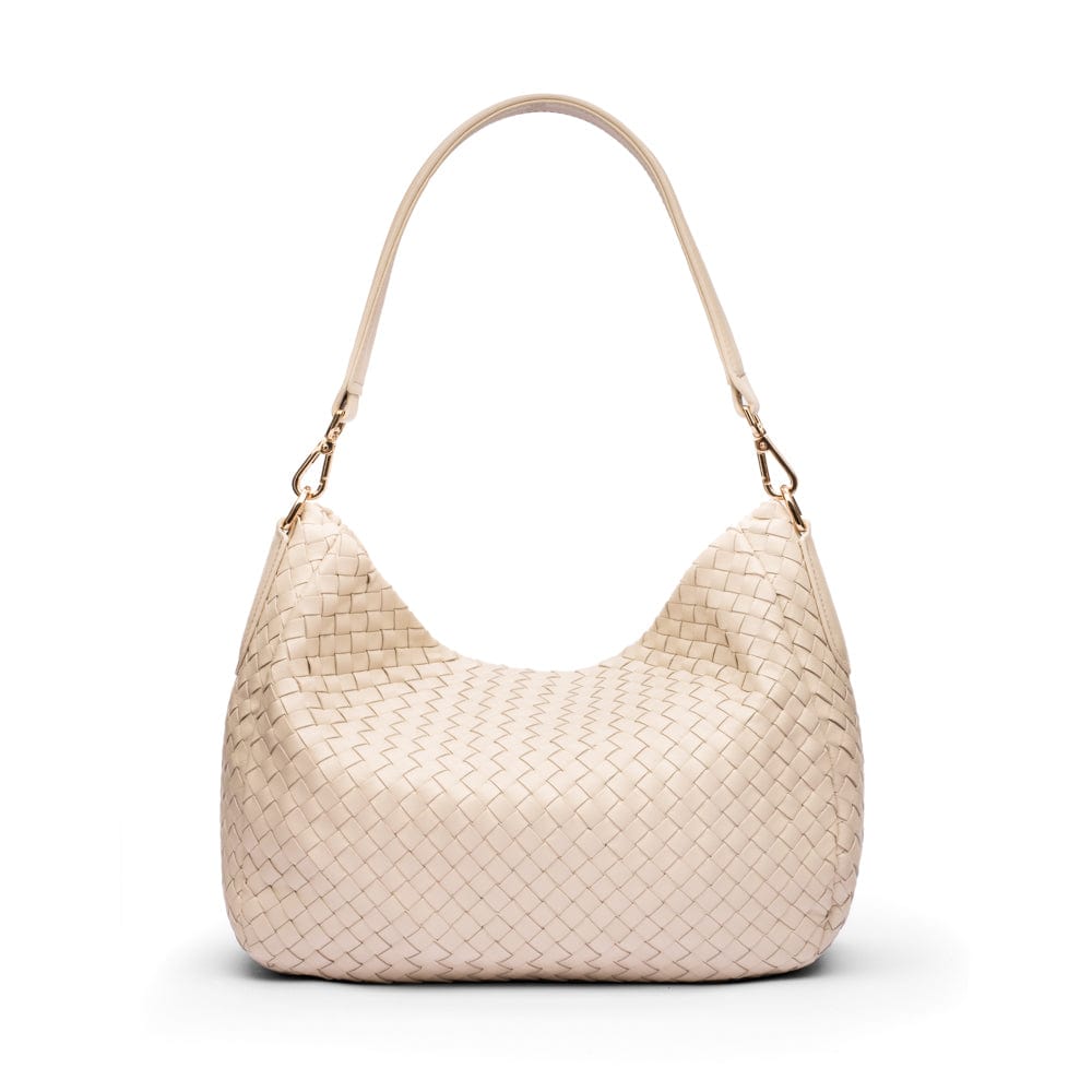 Melissa slouchy leather woven bag with zip closure, ivory, back