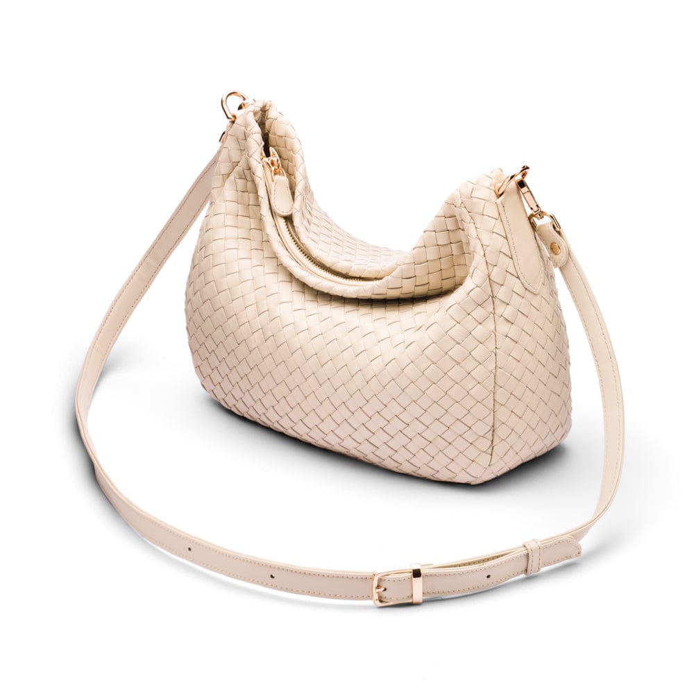 Melissa slouchy leather woven bag with zip closure, ivory, with long shoulder strap