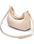 Melissa slouchy leather woven bag with zip closure, ivory, with long shoulder strap