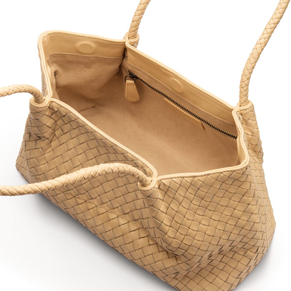 Midi woven leather bag, ivory, open view