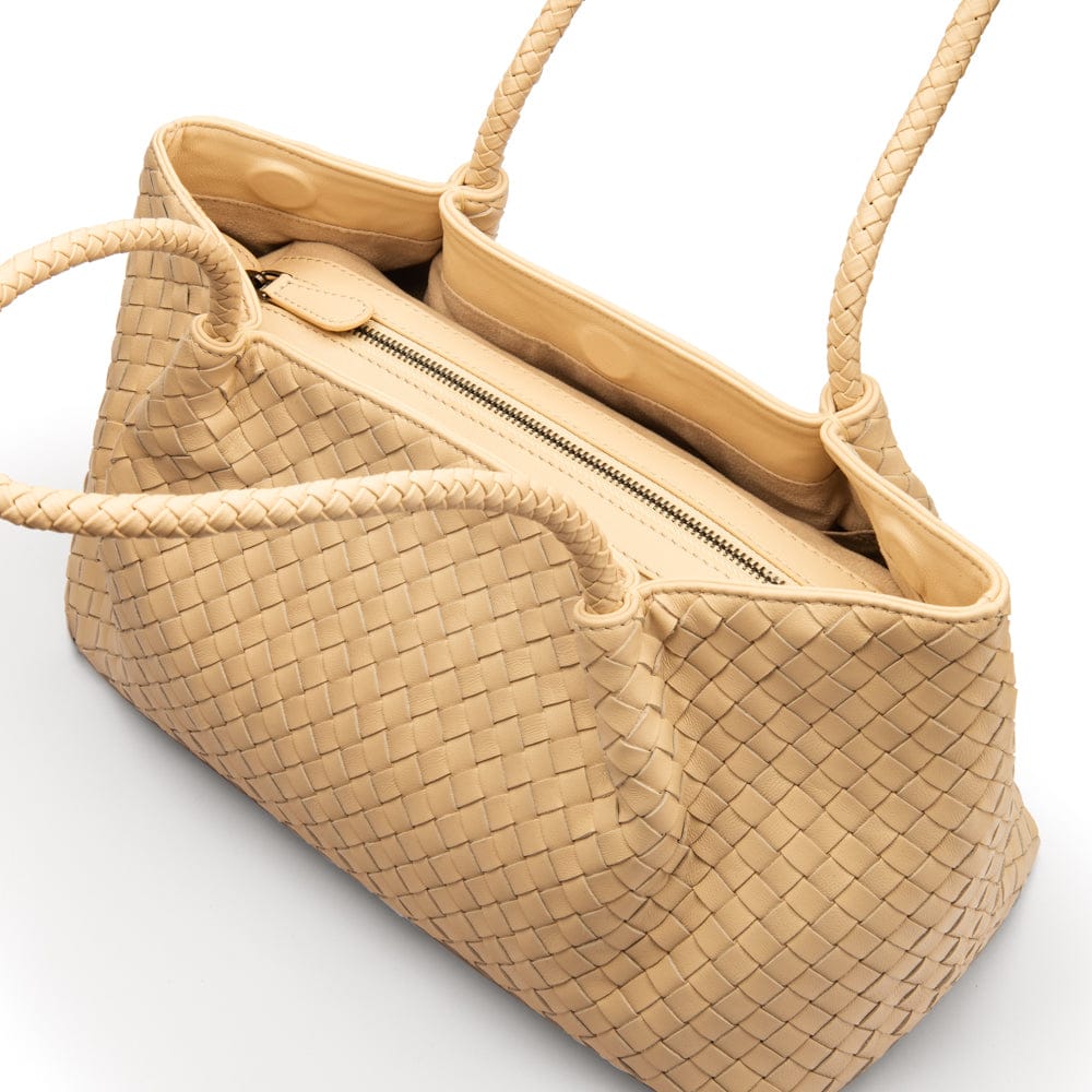 Midi woven leather bag, ivory, inner bag