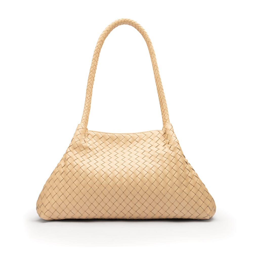 Midi woven leather bag, ivory, trapeze
