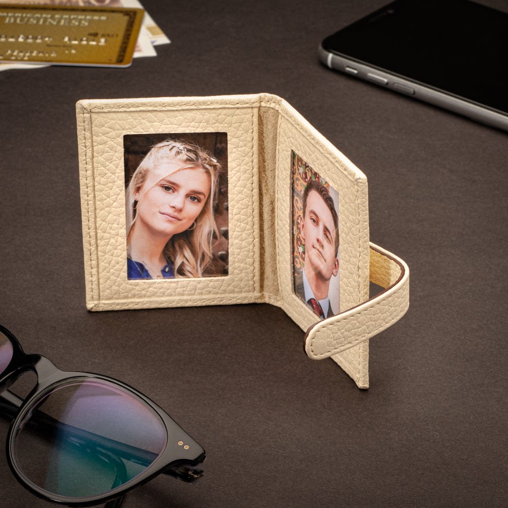 Mini leather passport photo frame, ivory 60 x 40mm, lifestyle