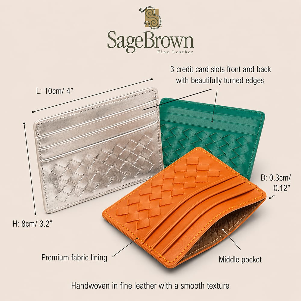 Slim Flat Woven Leather Card Holder With 6 Card Slots - Pewter