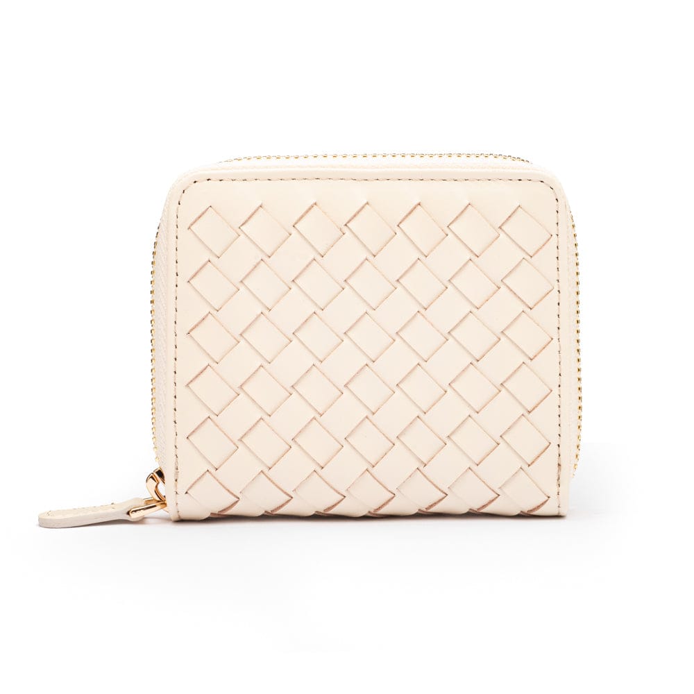 Small zip around woven leather accordion purse, ivory, back