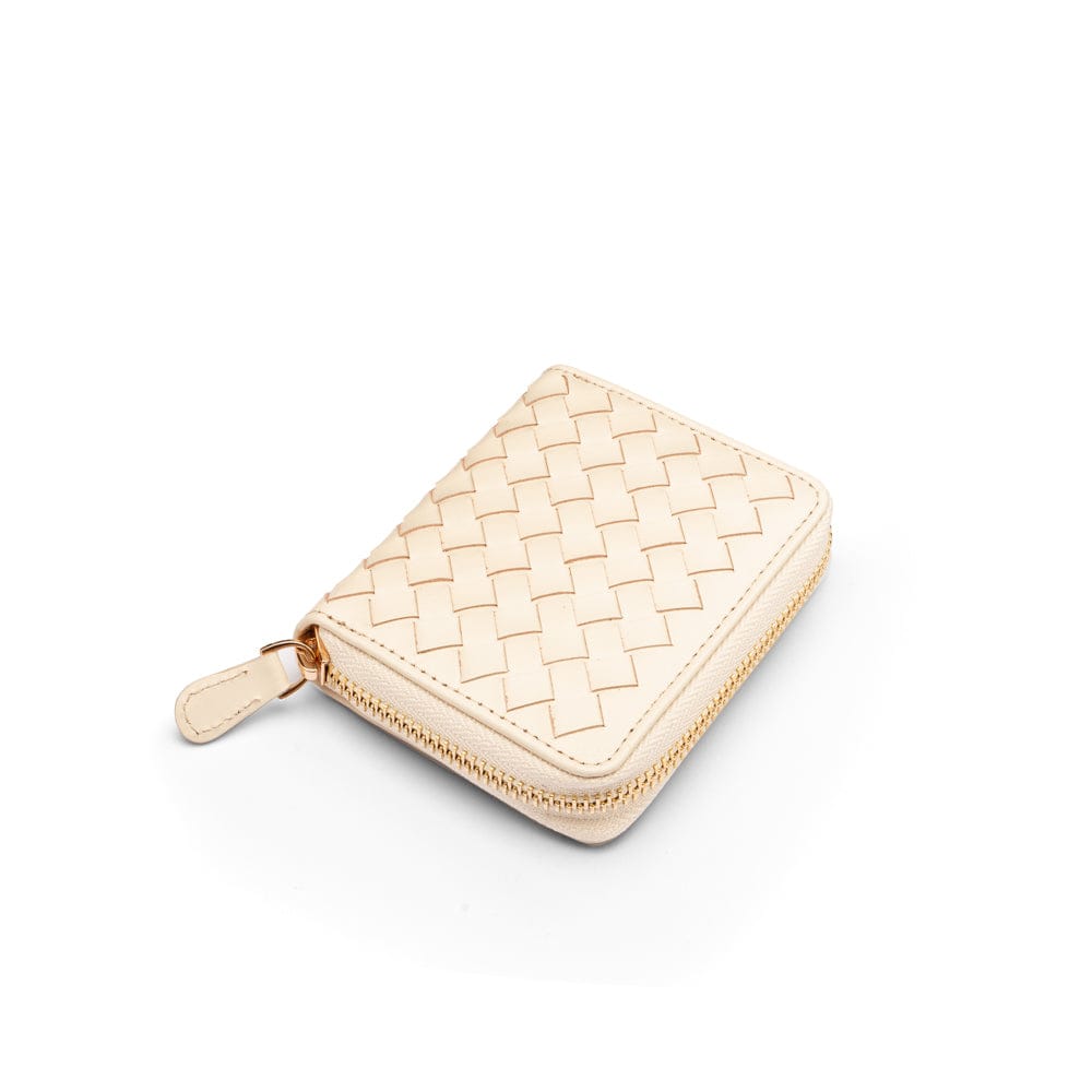 Small zip around woven leather accordion purse, ivory, front