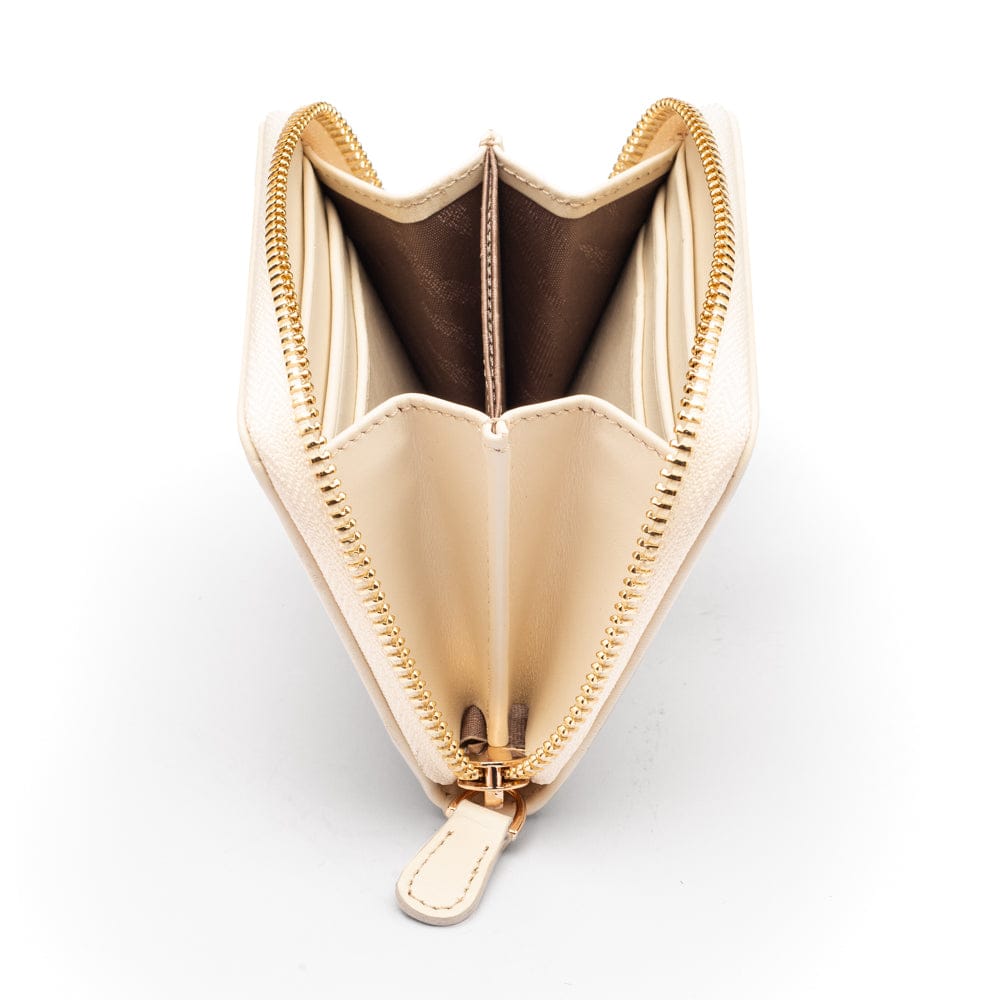 Small zip around woven leather accordion purse, ivory, side