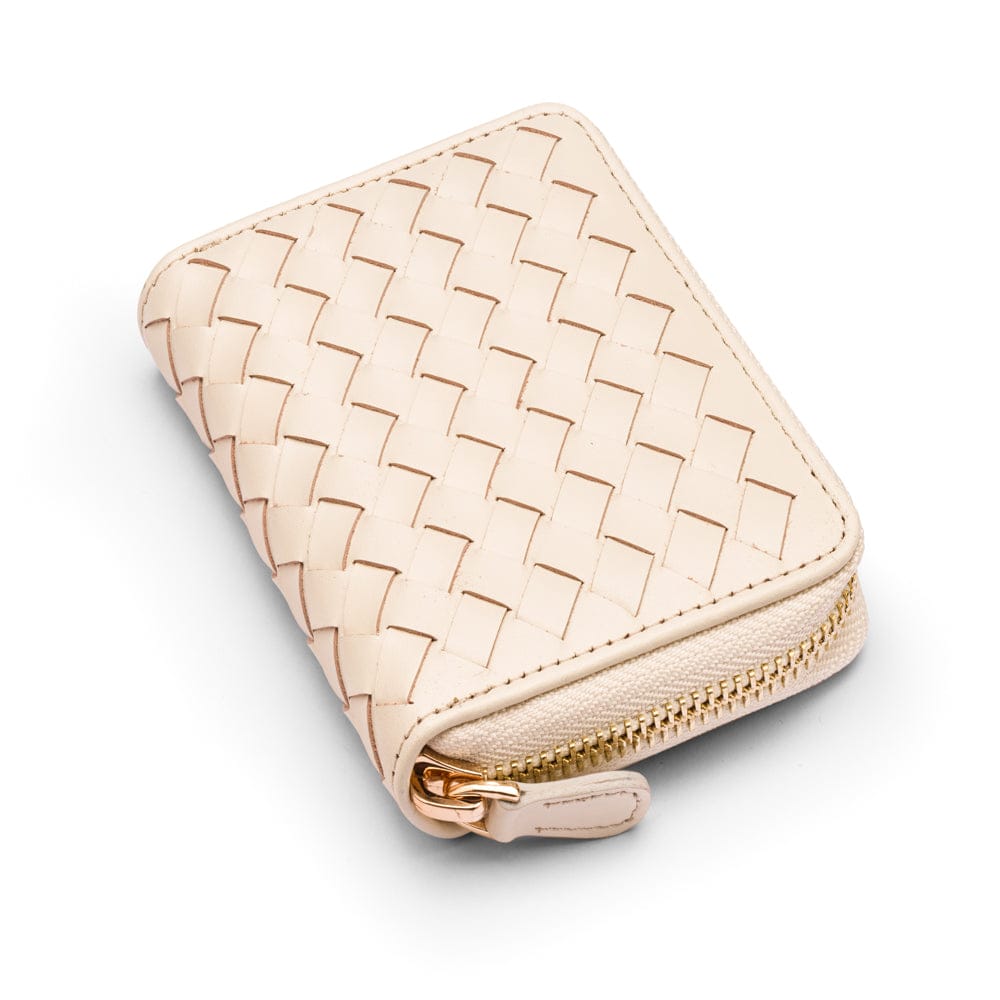 Small zip around woven leather accordion purse, ivory