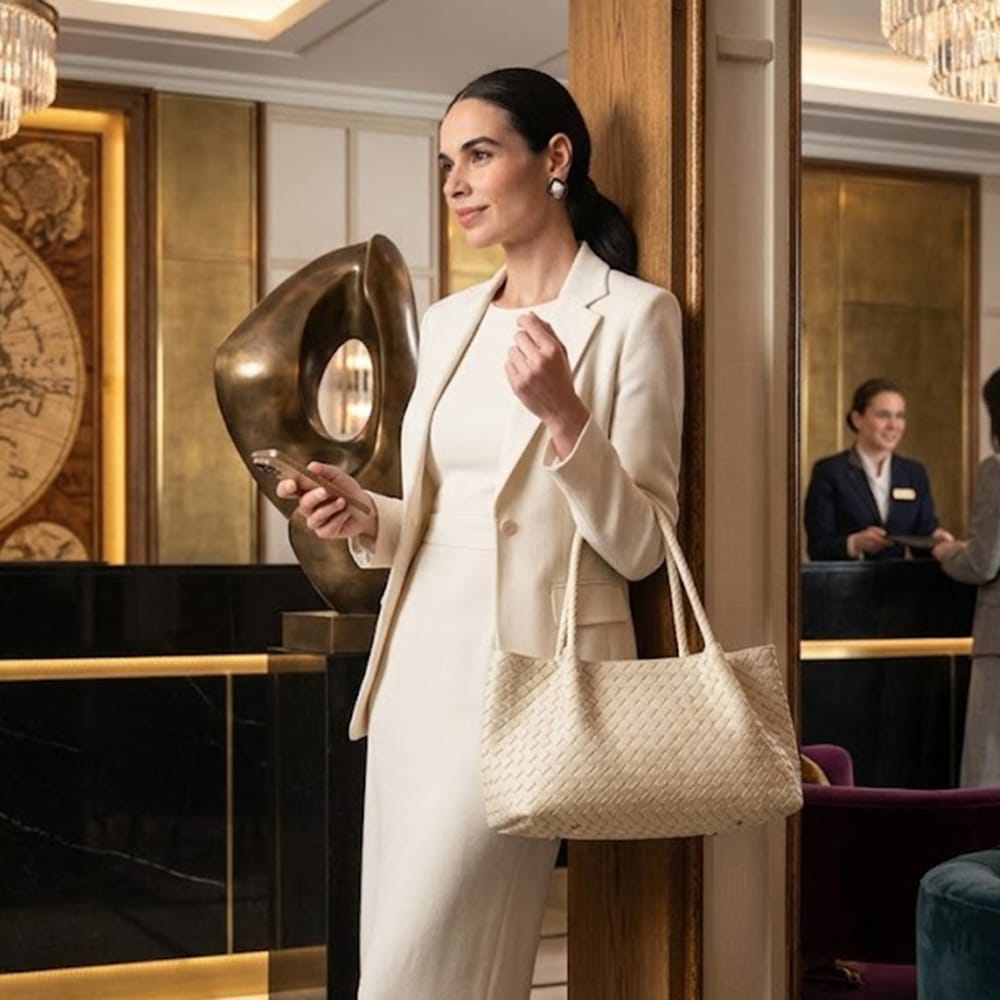 Midi woven leather bag, ivory, lifestyle