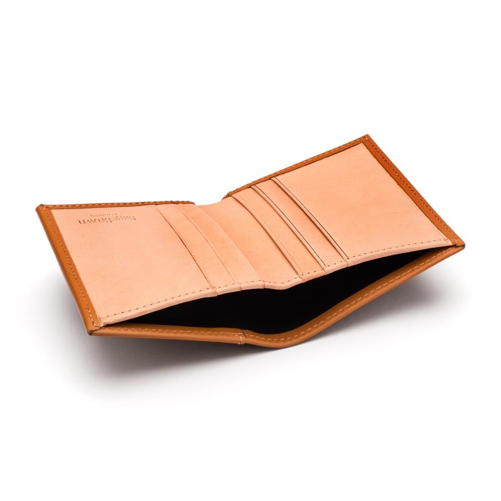 Two-tone compact leather billfold wallet 4 CC, light tan, open