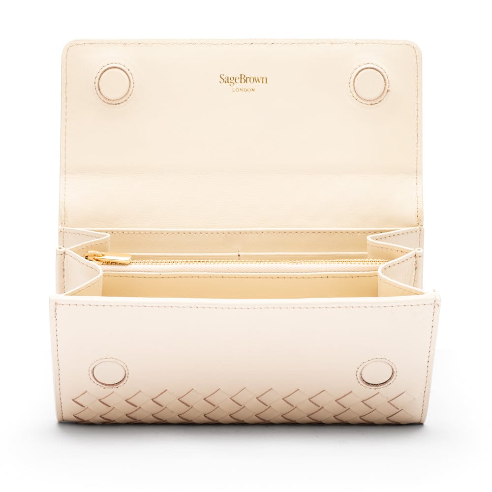 Woven leather concertina purse, ivory, open