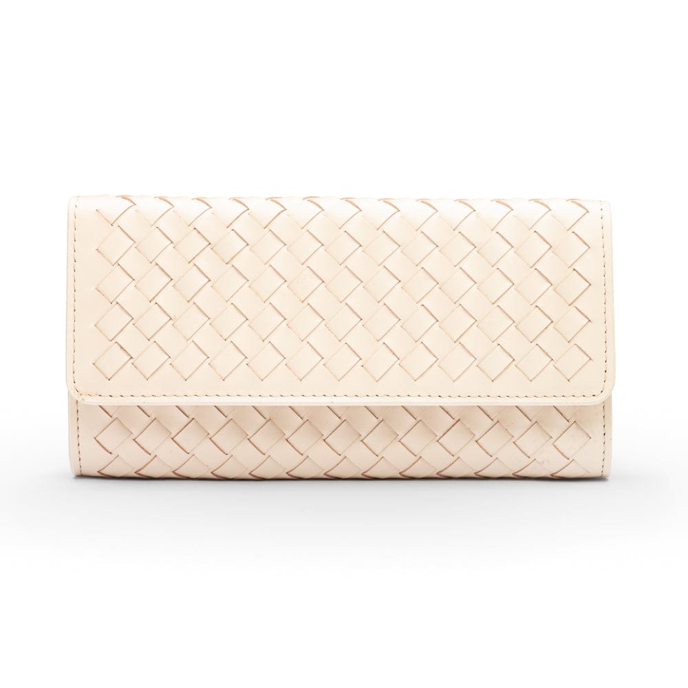 Woven leather concertina purse, ivory, front