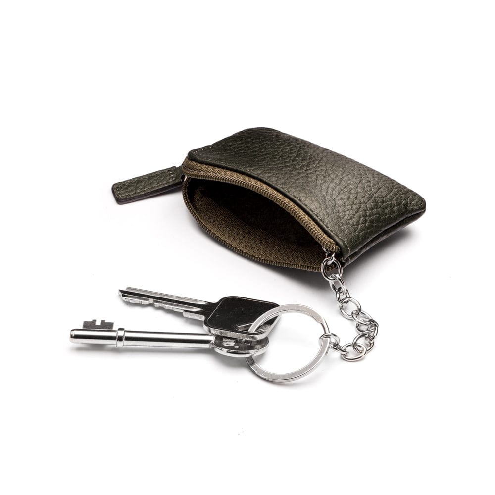 Miniature leather coin purse with key chain, khaki, inside