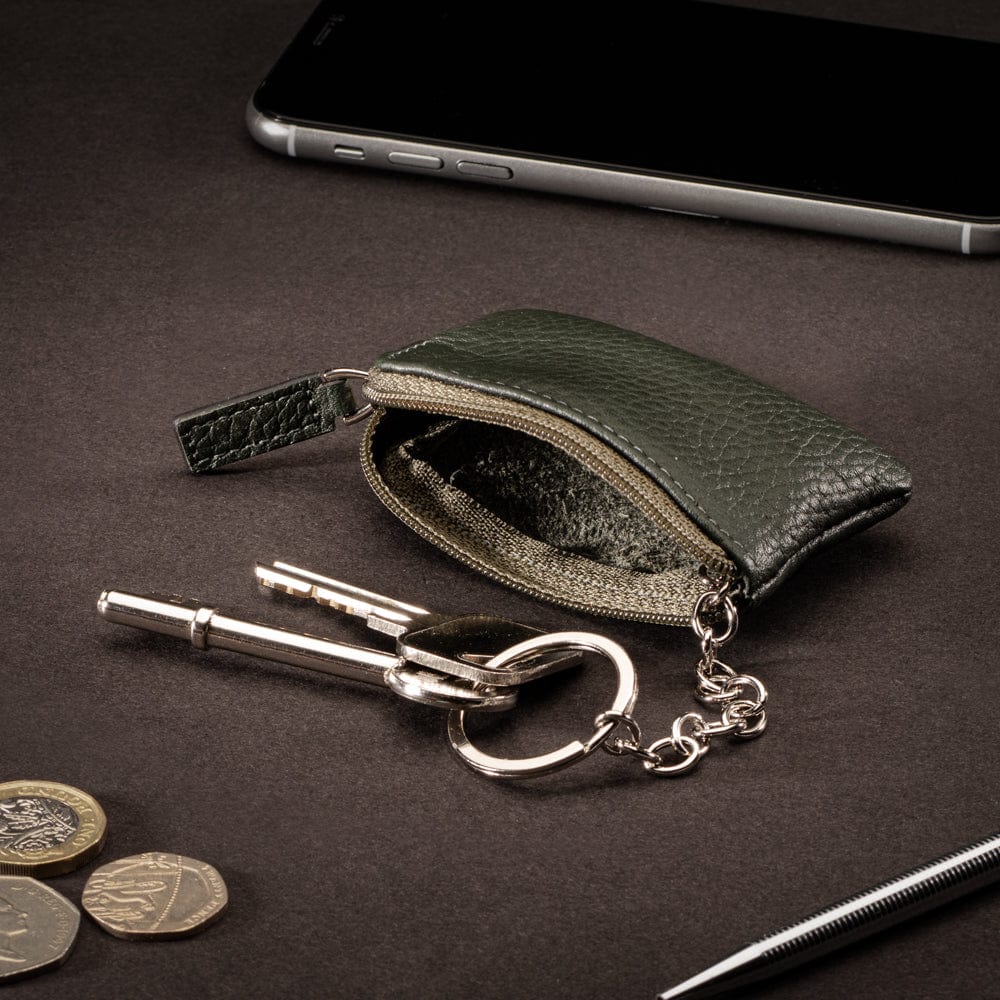 Miniature leather coin purse with key chain, khaki, lifestyle