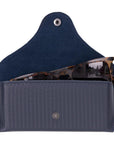 Leather glasses case, woven navy, open