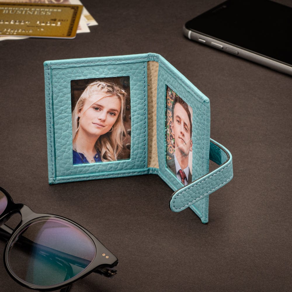 Mini leather passport photo frame, light blue, 60 x 40mm, lifestyle