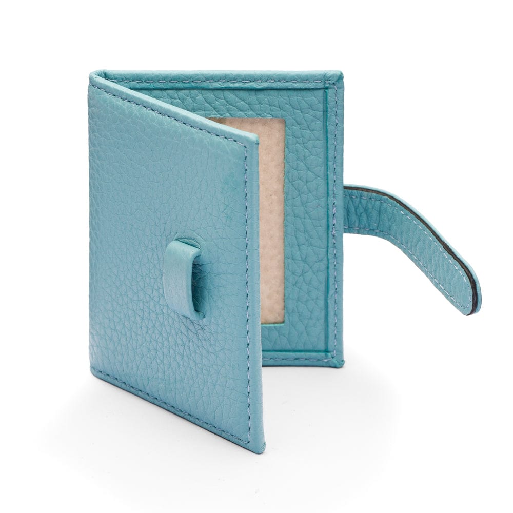 Mini leather passport photo frame, light blue, 60 x 40mm, open