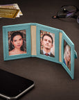 Mini leather trifold photo frame, light blue, 60 x 40mm, lifestyle