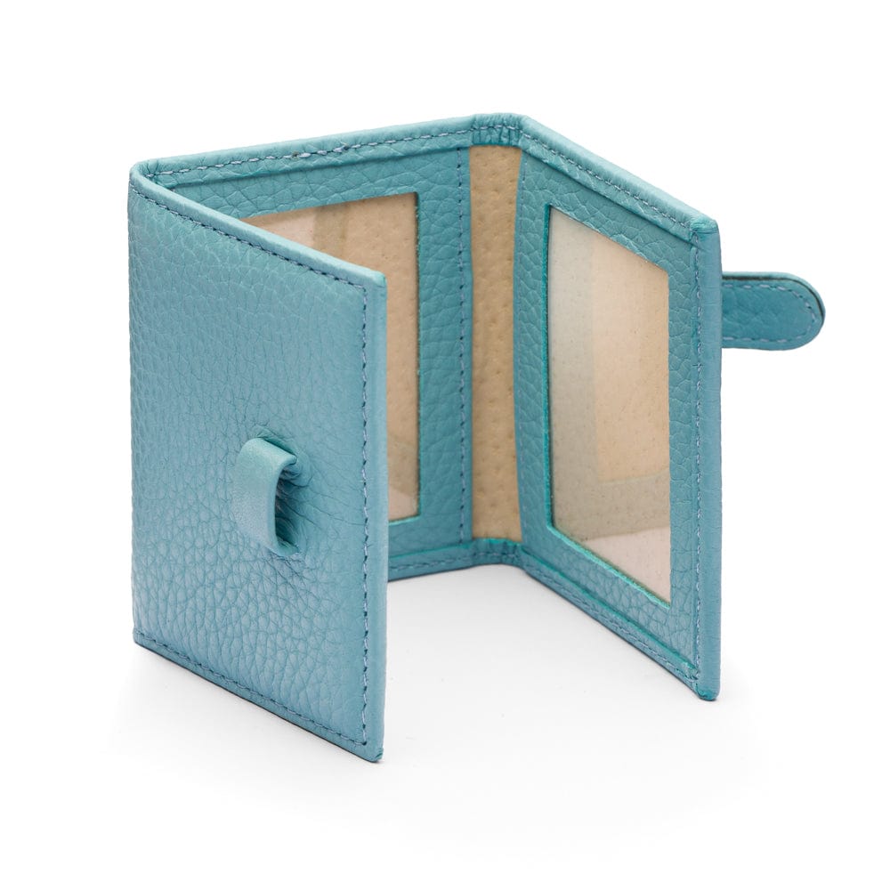 Mini leather trifold photo frame, light blue, 60 x 40mm, open