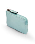 Miniature leather coin purse with key chain, light blue, top