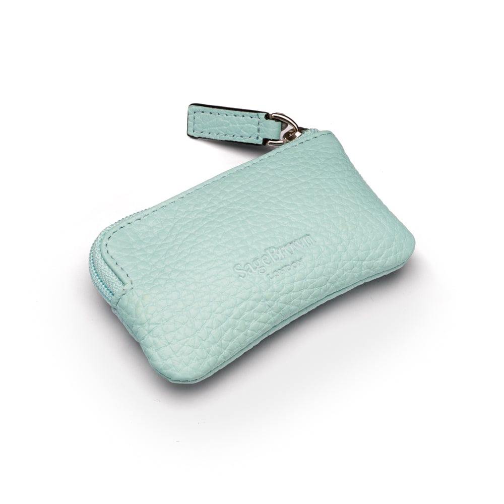 Miniature leather coin purse with key chain, light blue, back