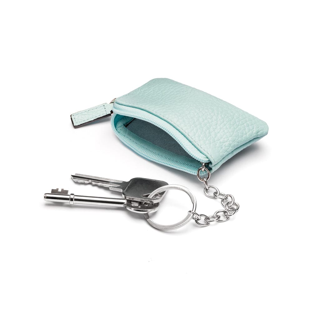 Miniature leather coin purse with key chain, light blue, inside