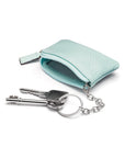 Miniature leather coin purse with key chain, light blue, inside