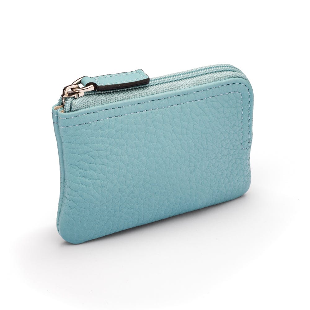 Small leather coin purse with key chain, light blue, top