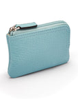 Small leather coin purse with key chain, light blue, top