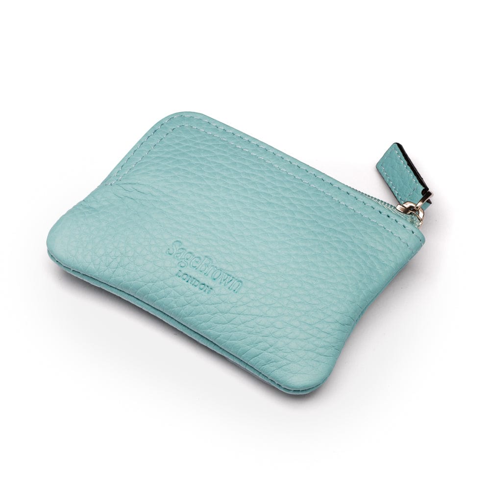 Small leather coin purse with key chain, light blue, back