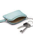 Small leather coin purse with key chain, light blue, inside