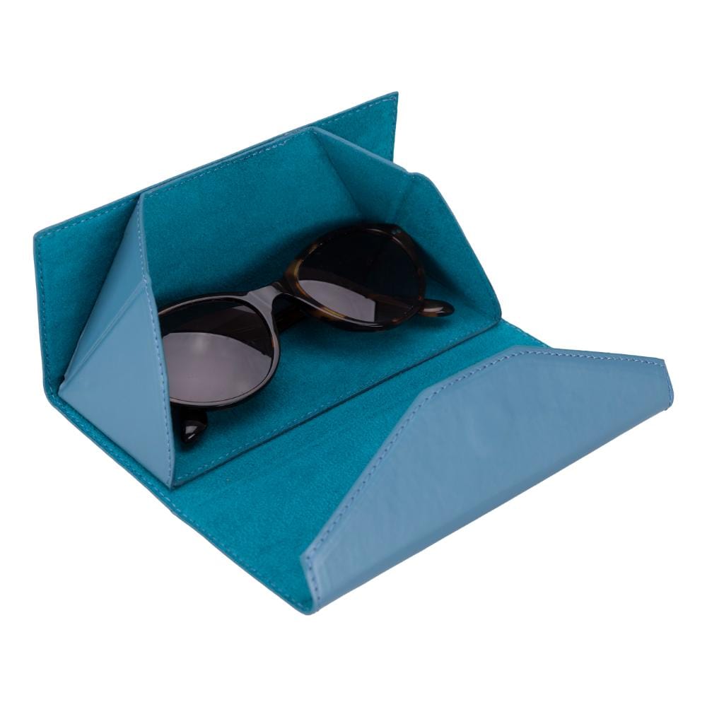 Triangular leather glasses case, light blue, inside