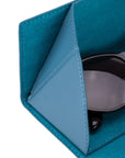 Triangular leather glasses case, light blue, closeup