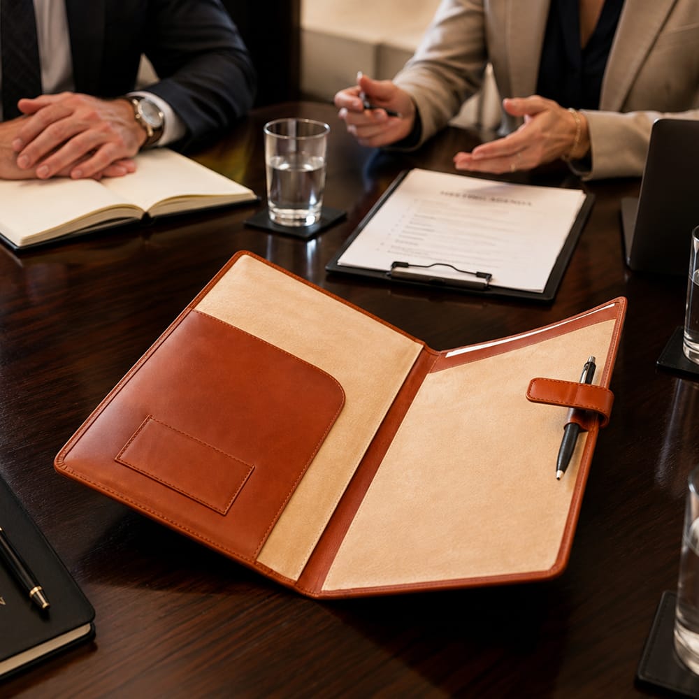 Leather conference folder, light tan, lifestyle