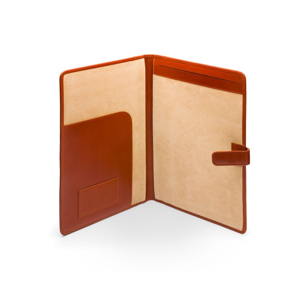 Leather conference folder, light tan, open view