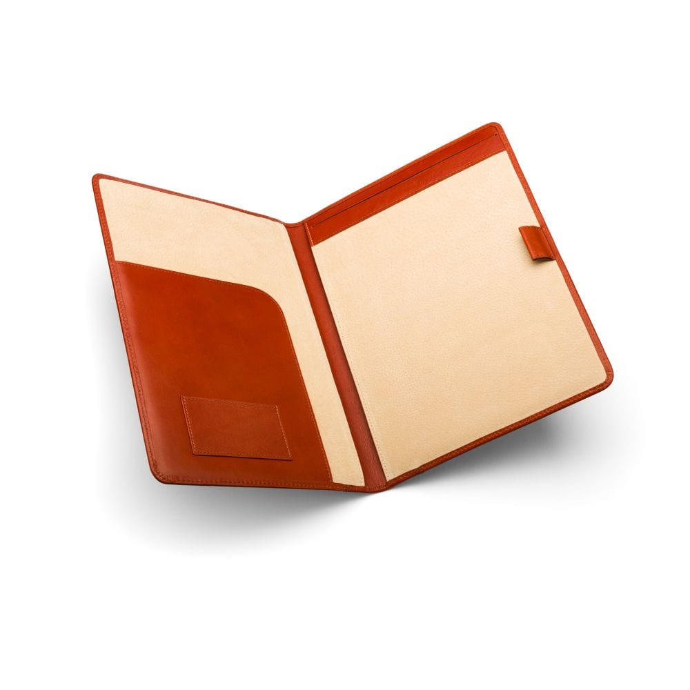 A4 leather document folder, light tan, open view