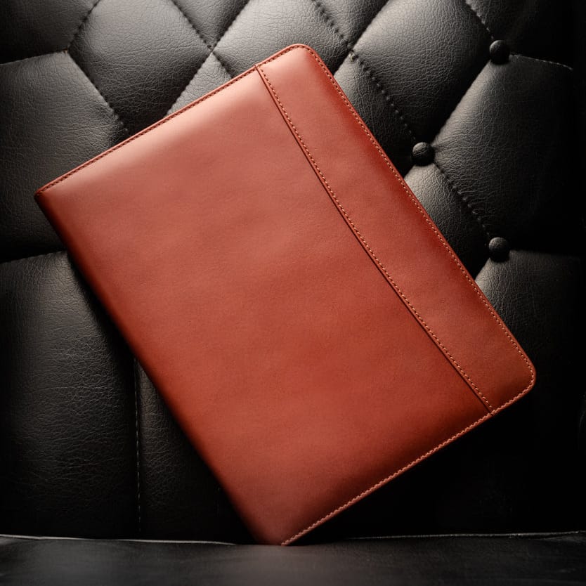A4 leather notepad folder, light tan, lifestyle