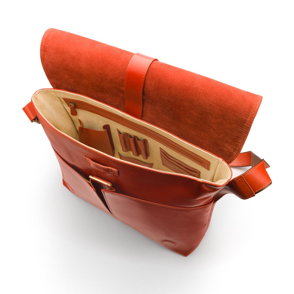 Men's large leather messenger bag, light tan, inside