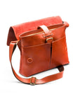 Leather messenger bag, light tan, open