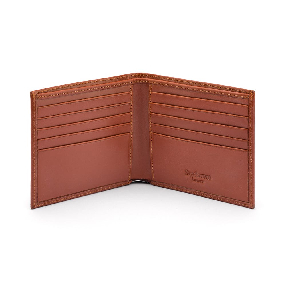 Men's bridle leather billfold wallet, light tan bridle hide, open