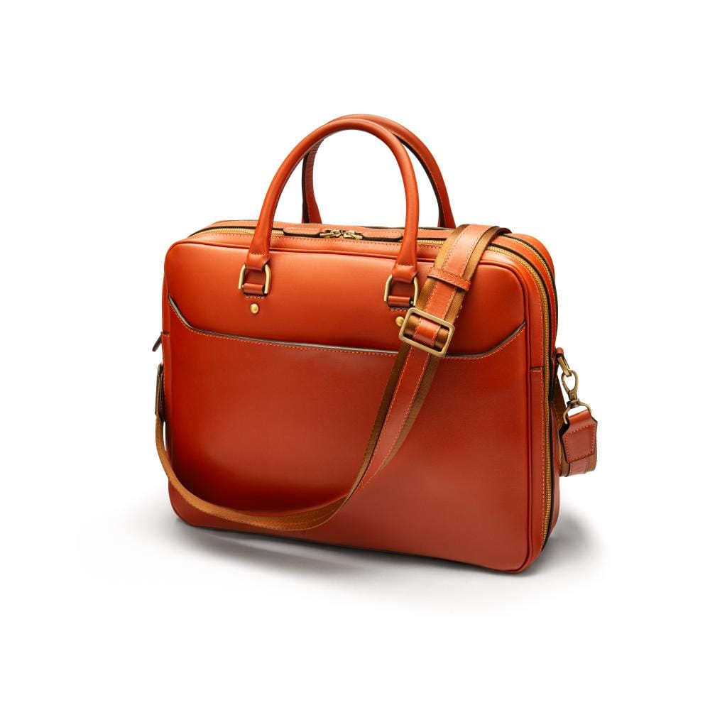 Leather 17" laptop briefcase, light tan, with shoulder strap