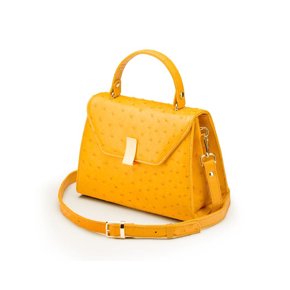 Ostrich leather top handle bag, light yellow, with strap