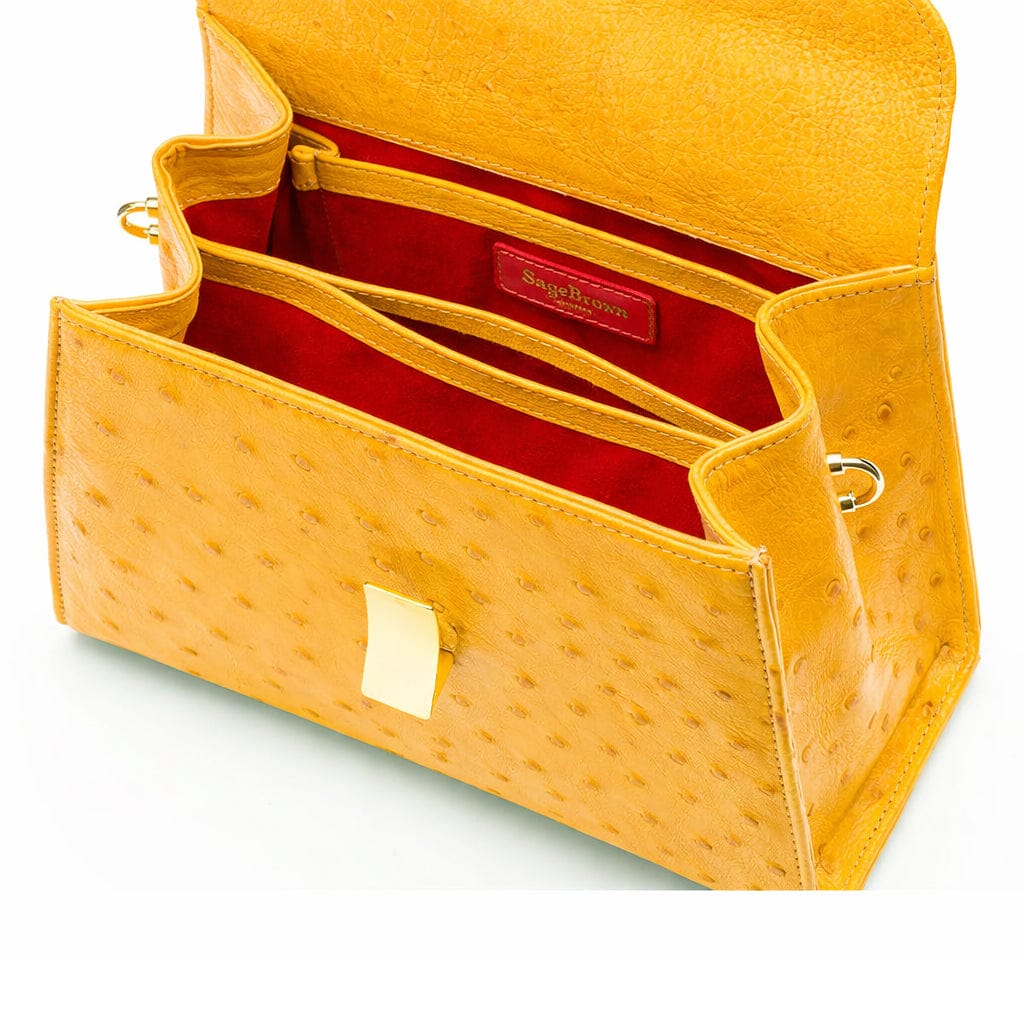 Ostrich leather top handle bag, light yellow, inside