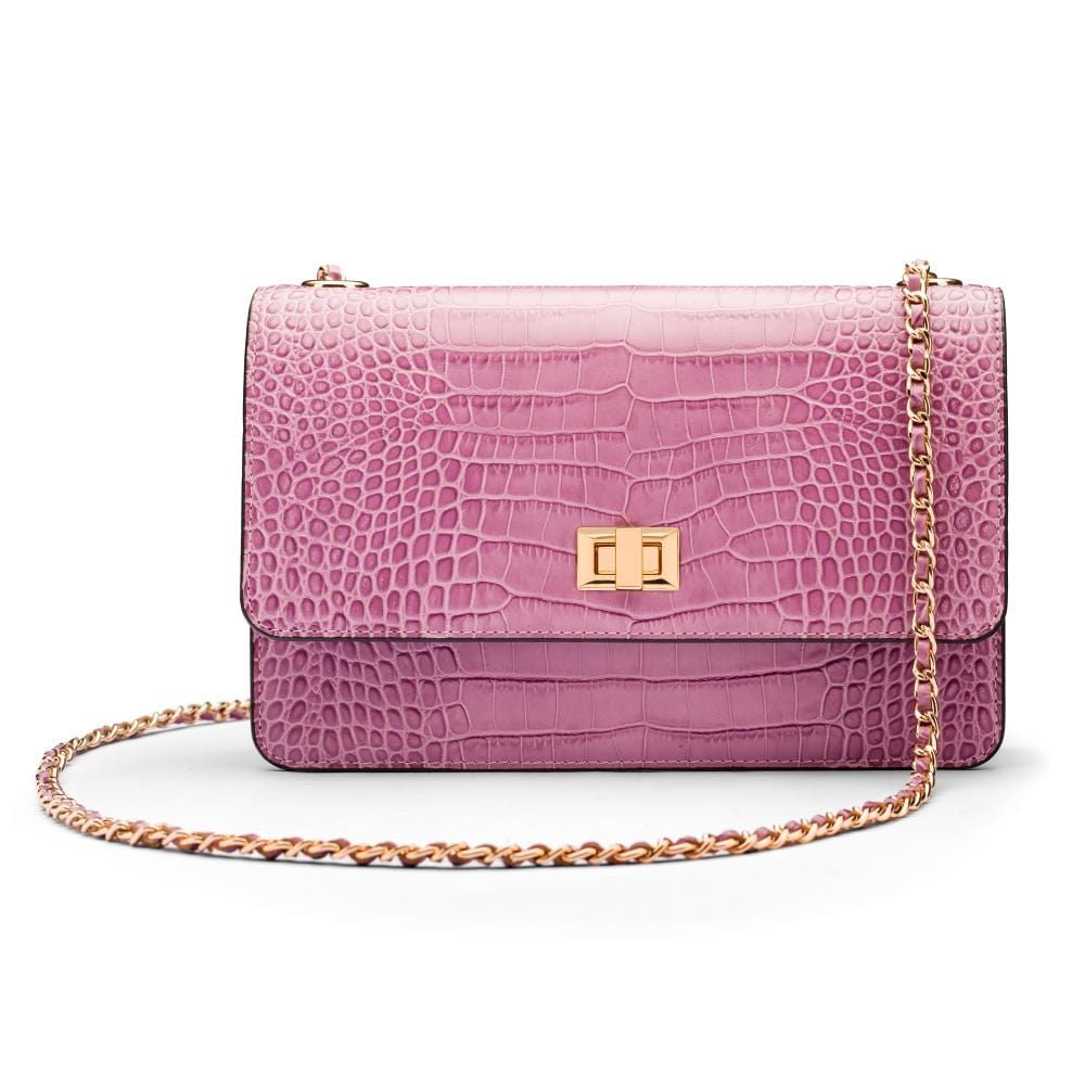 Leather chain bag, lilac croc, front