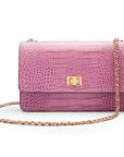 Leather chain bag, lilac croc, front