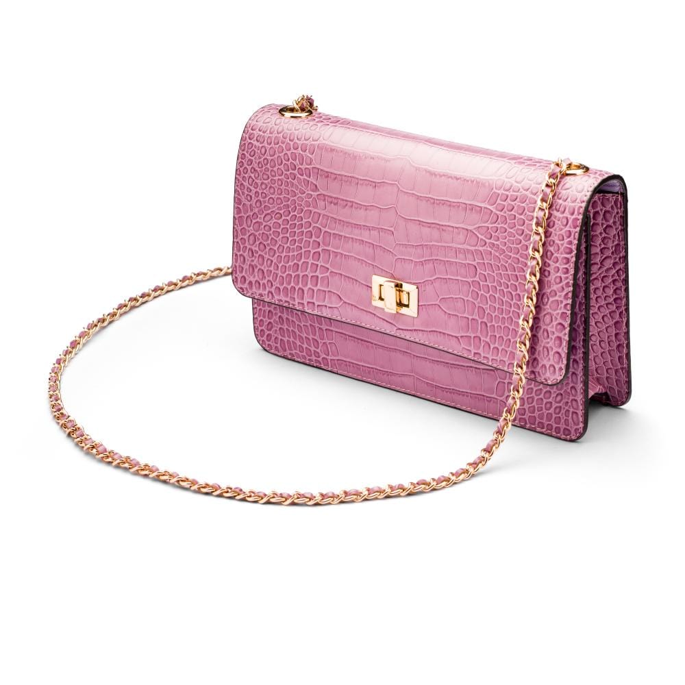 Leather chain bag, lilac croc, side