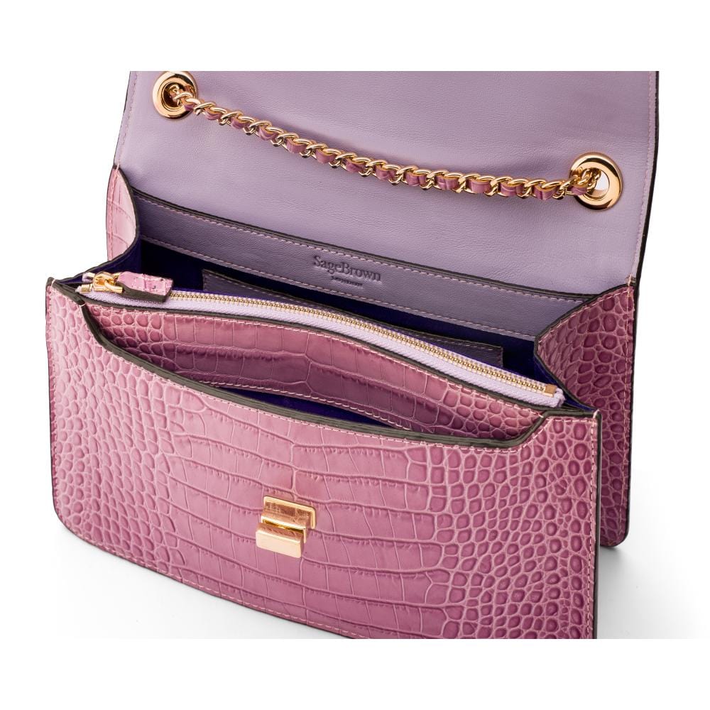 Leather chain bag, lilac croc, inside