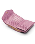 Large leather purse with 15 CC, lilac croc, open