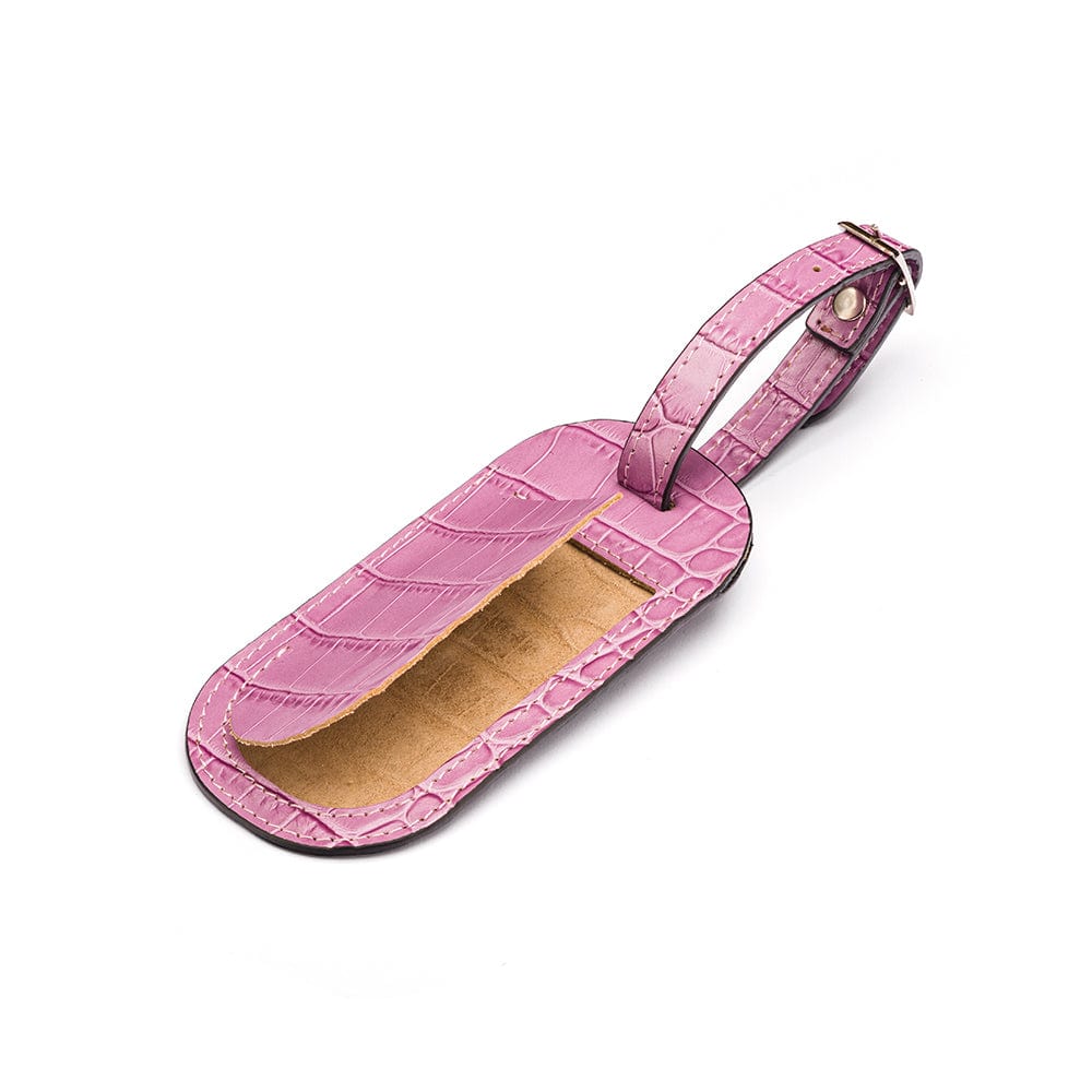Leather luggage tag, lilac croc, front open