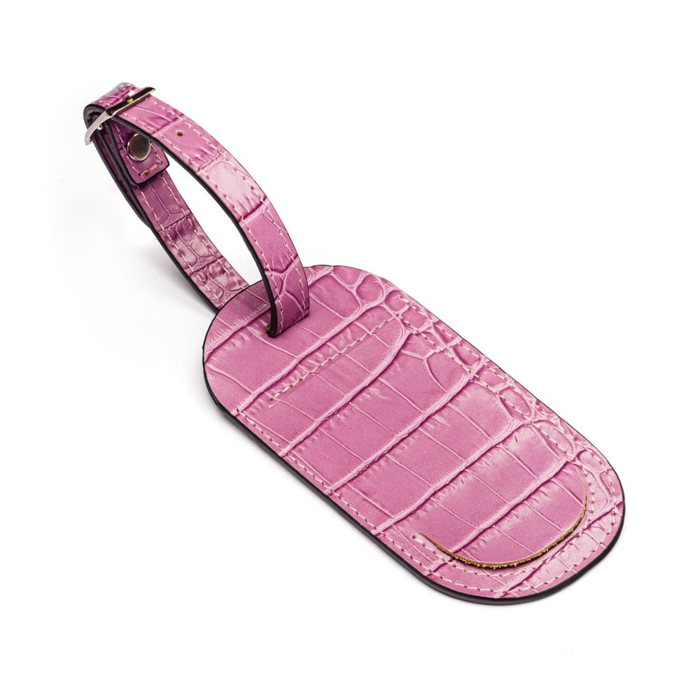Leather luggage tag, lilac croc, front